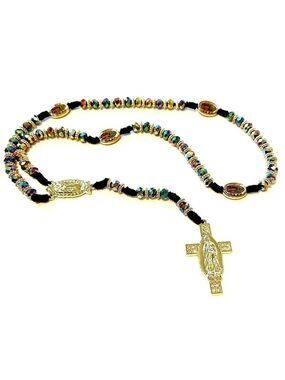 Aurora Borealis Beaded Rosary Necklace With Gold-Tone Cross | NWOT